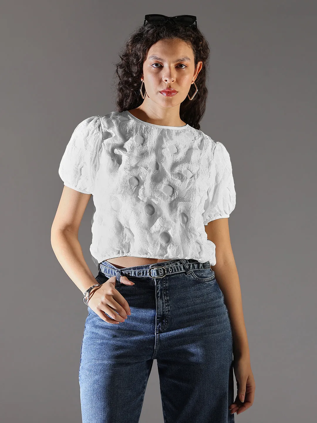 HighThreadCount SkinFriendlyFibers Women's White Puff Sleeve Chiffon Crop Top