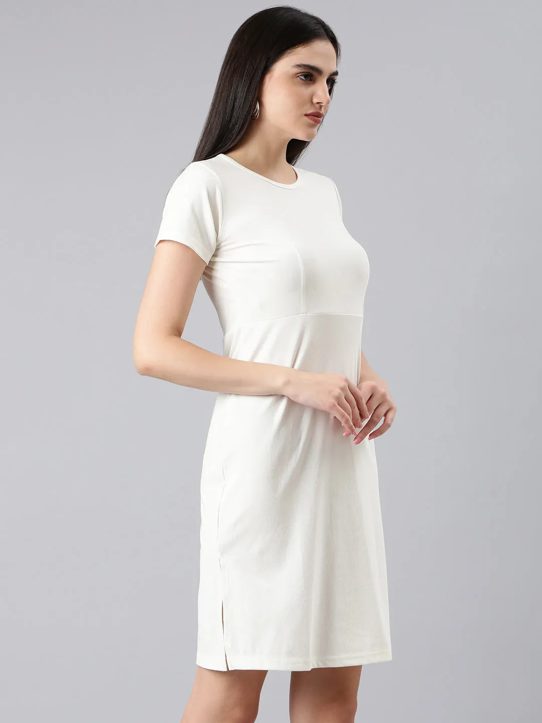 Women's White Round Neck Sheath Dress Relaxed Wear