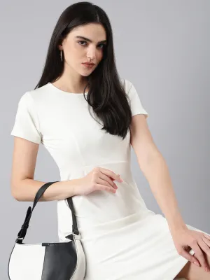 Women's White Round Neck Sheath Dress Smart Tailoring Pure Color