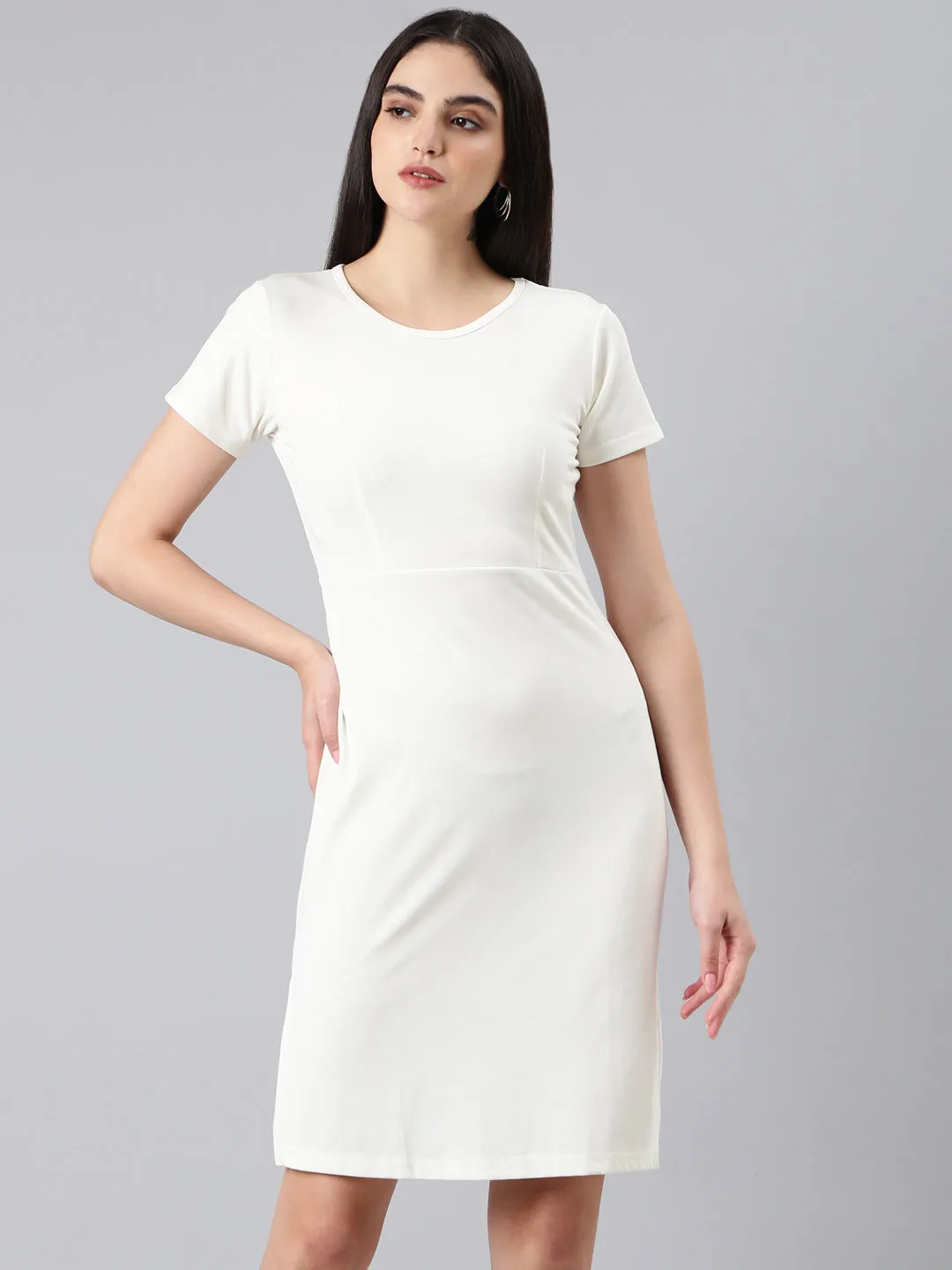 Women's White Round Neck Sheath Dress Weekend Casual