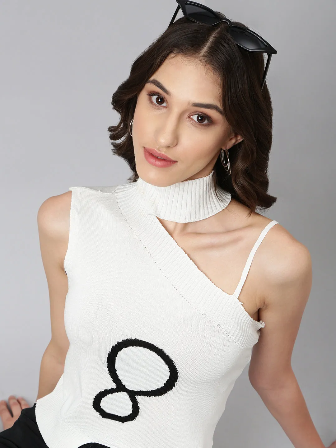 Comfortable Layer Relaxed Design Women's White Self Design Choker Neck Top