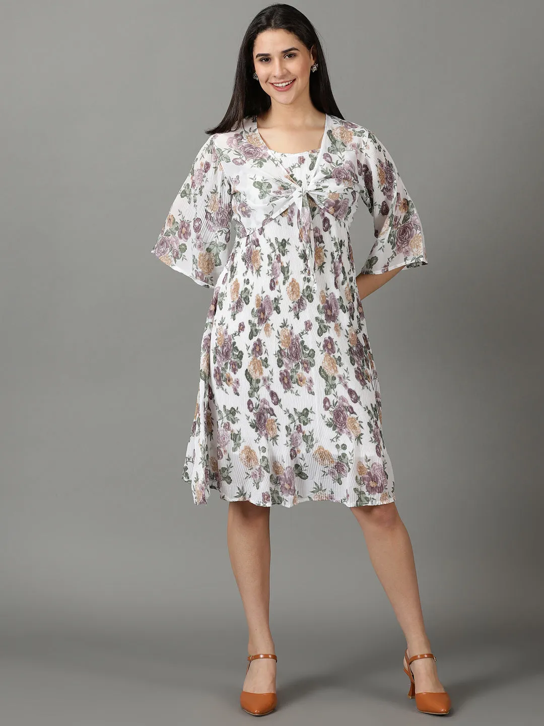 Statement Neck Linen Soft Women's White Shoulder Straps Floral Printed Fit & Flare Dress With jacket