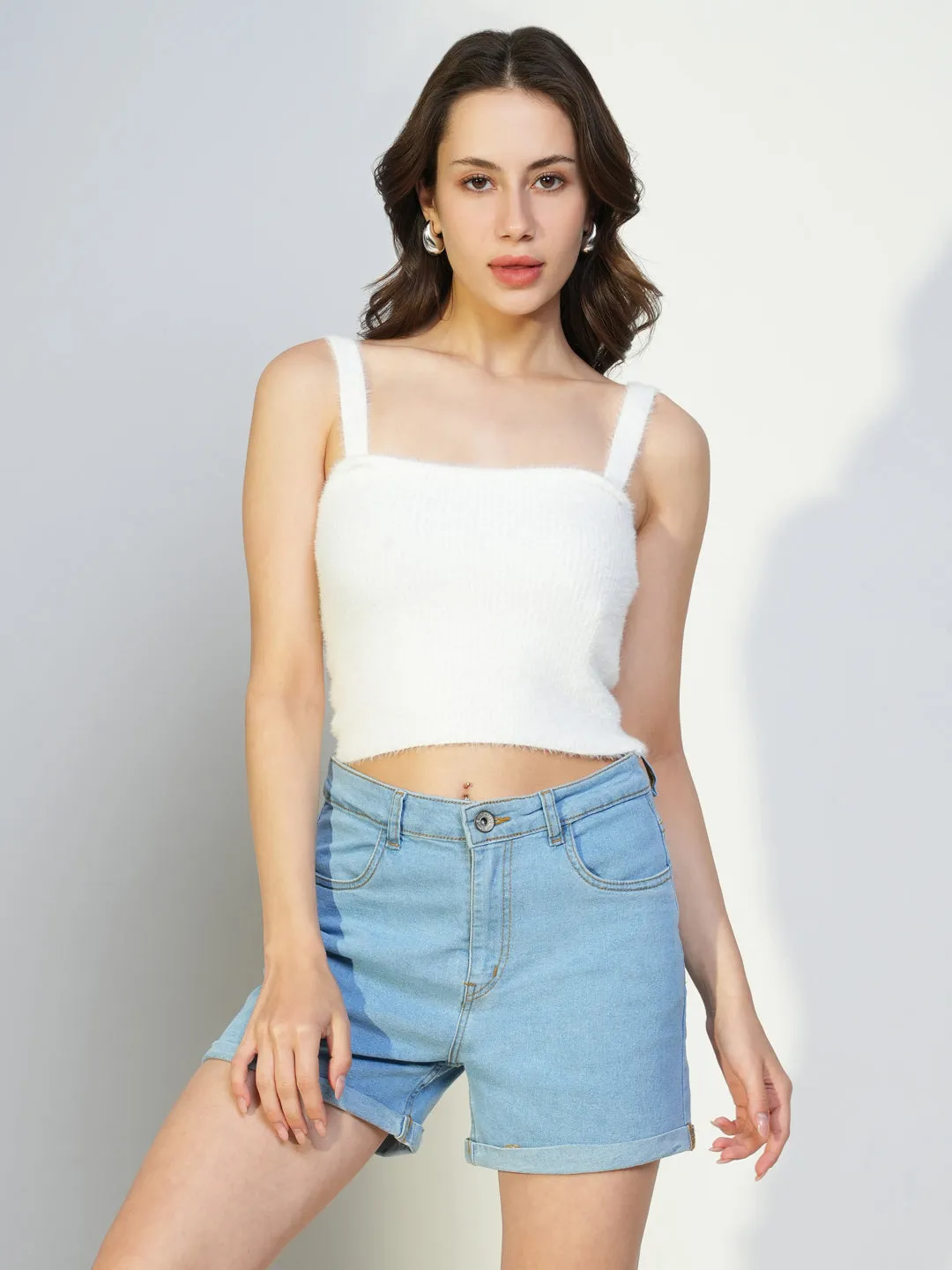Casual Layer FlexibleKnit Women's White Shoulder Straps Fringed Crop Top