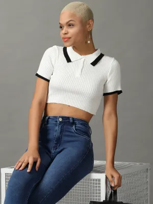 Women's White Solid Crop Top Smooth Look Performance Layer
