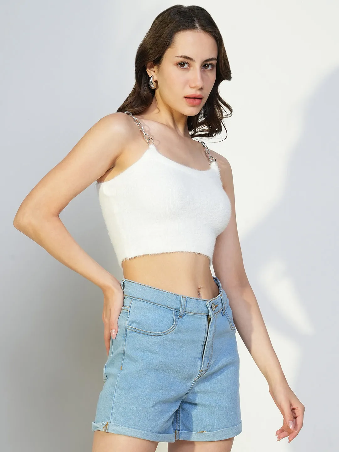 Yarn Dyed Fabric Women's White Solid Fitted Crop Top