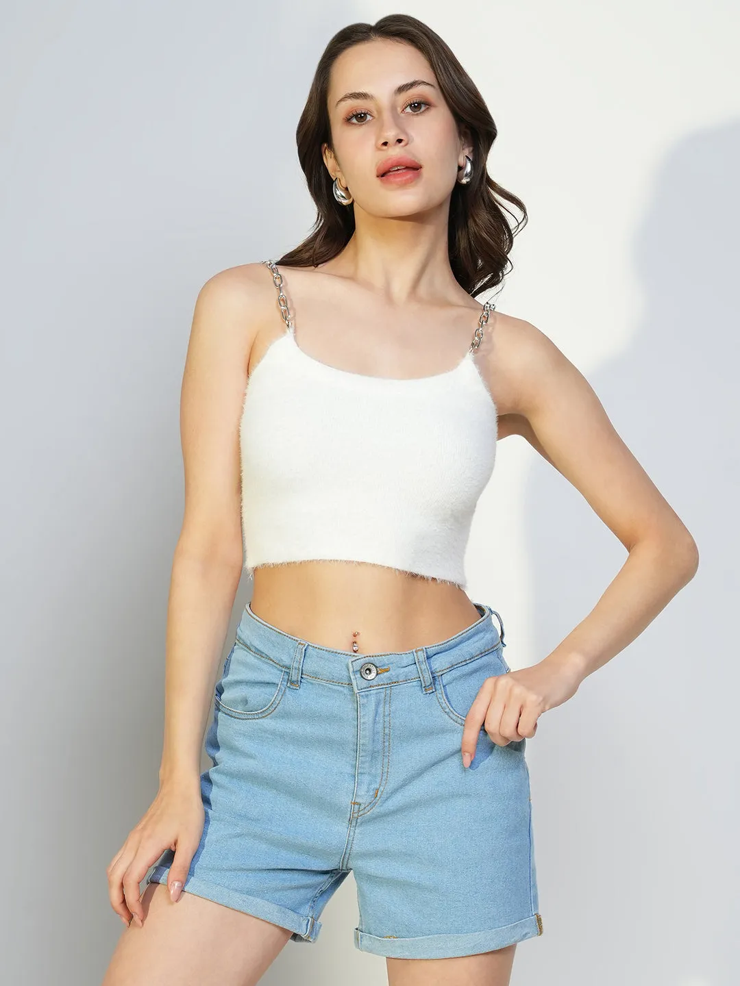 Women's White Solid Fitted Crop Top Abstract print Cozy Touch