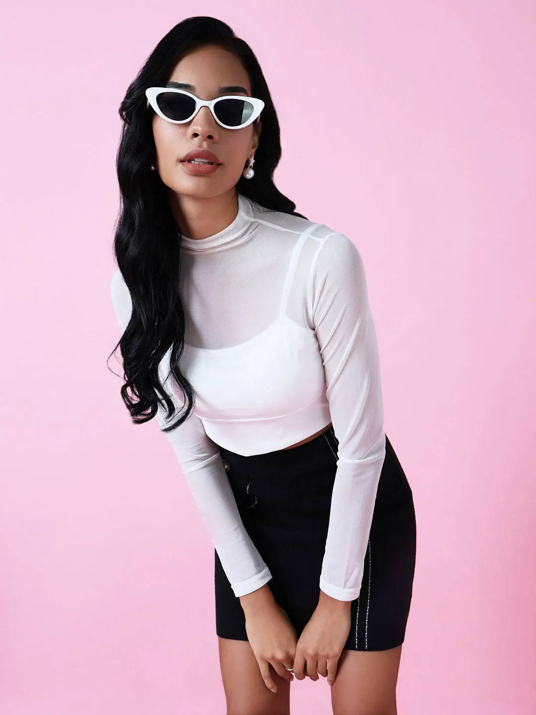 Women's White Solid Sheer Crop Top FadeResistantPrint Comfy Stretch