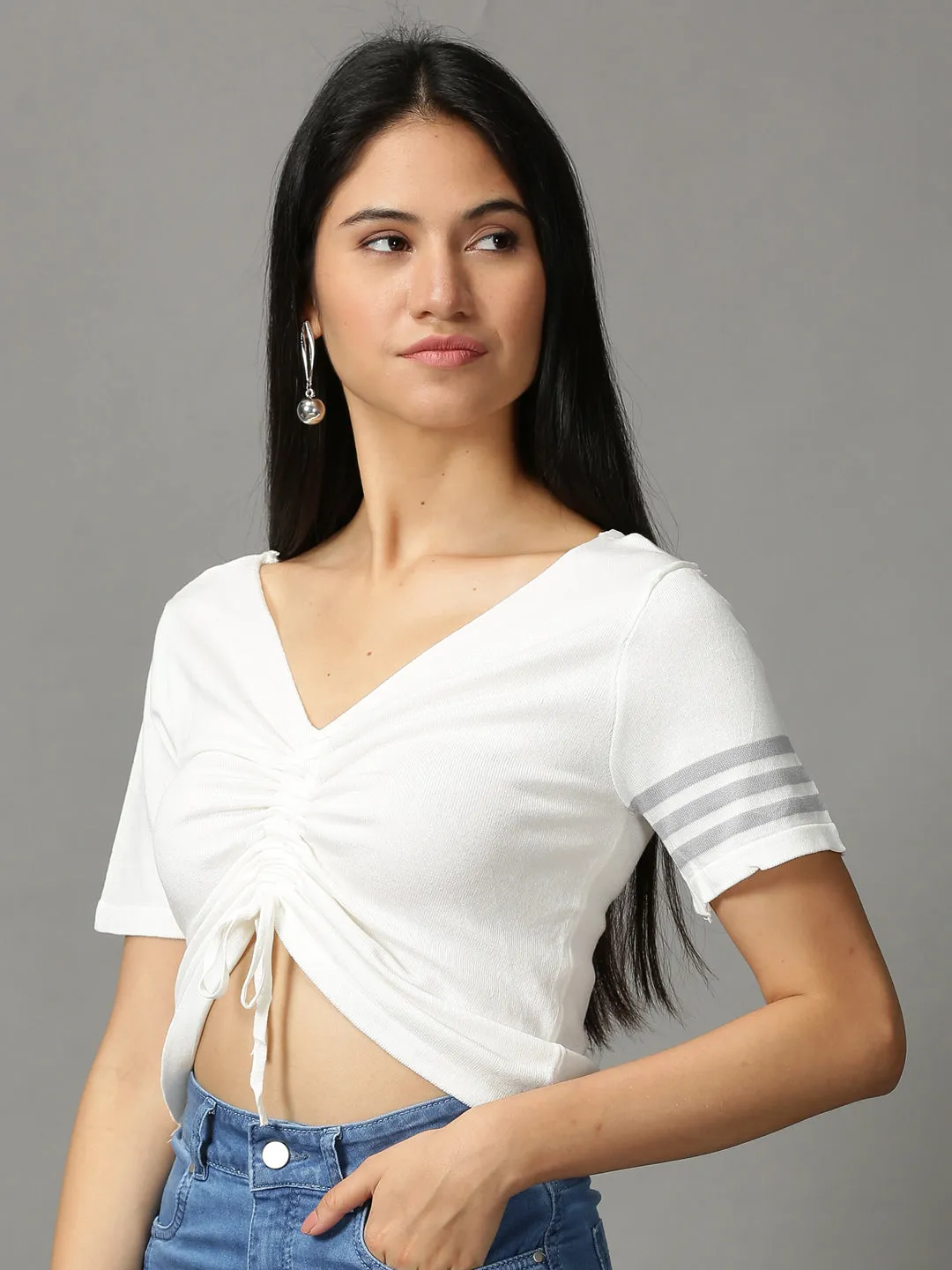 Women's White Striped Crop Top Trendy Fabric Cozy Layering