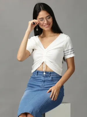 Women's White Striped Crop Top Adjustable Fit