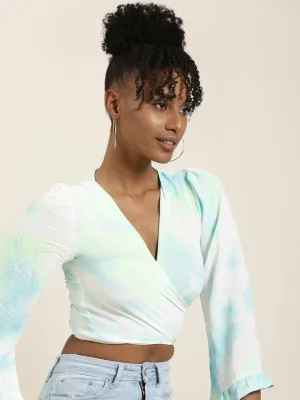 Functional Wearable Women's White Tie & Dye Flared Sleeve Wrap Crop Top