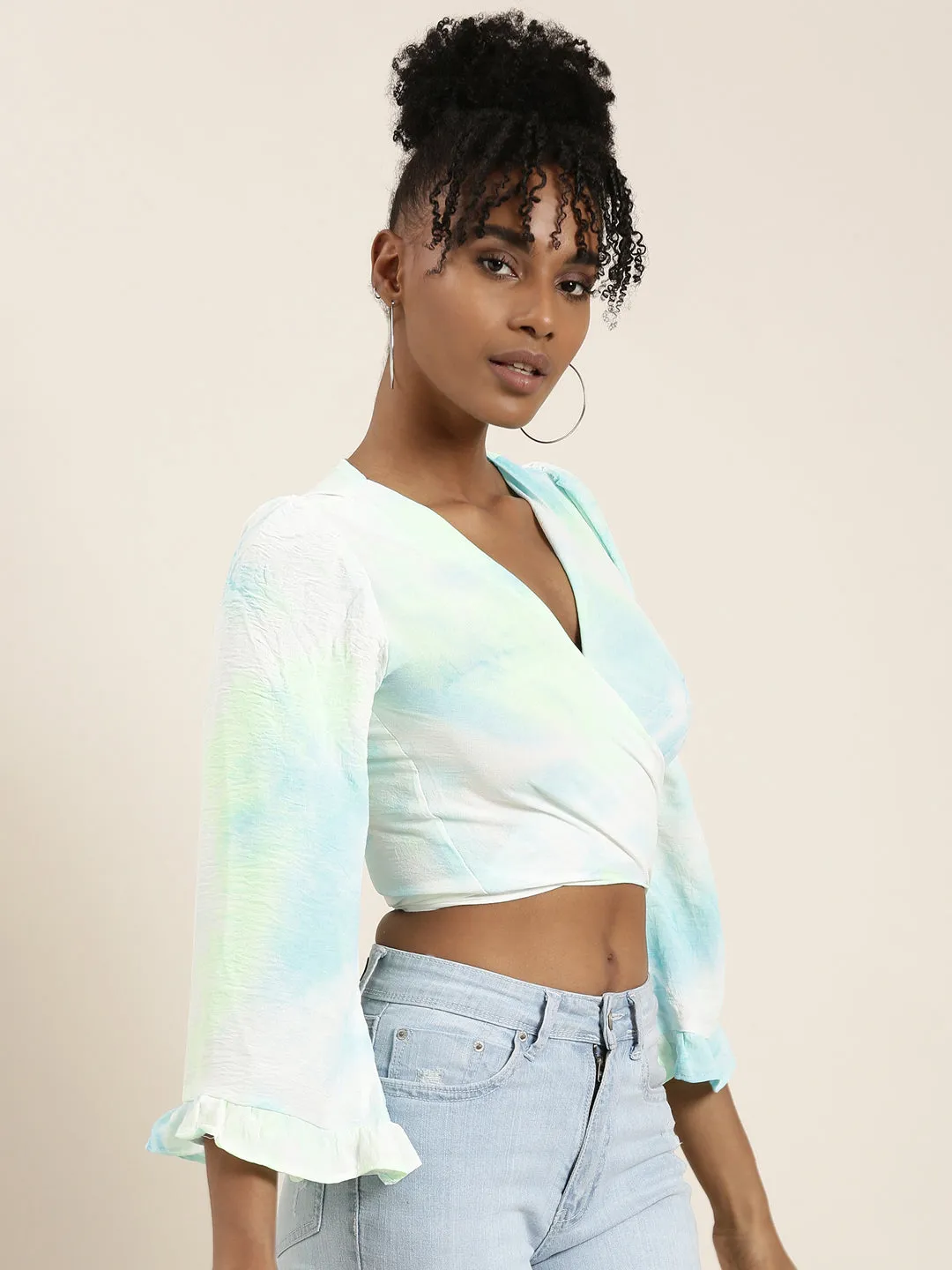 Women's White Tie & Dye Flared Sleeve Wrap Crop Top Stretch waistband