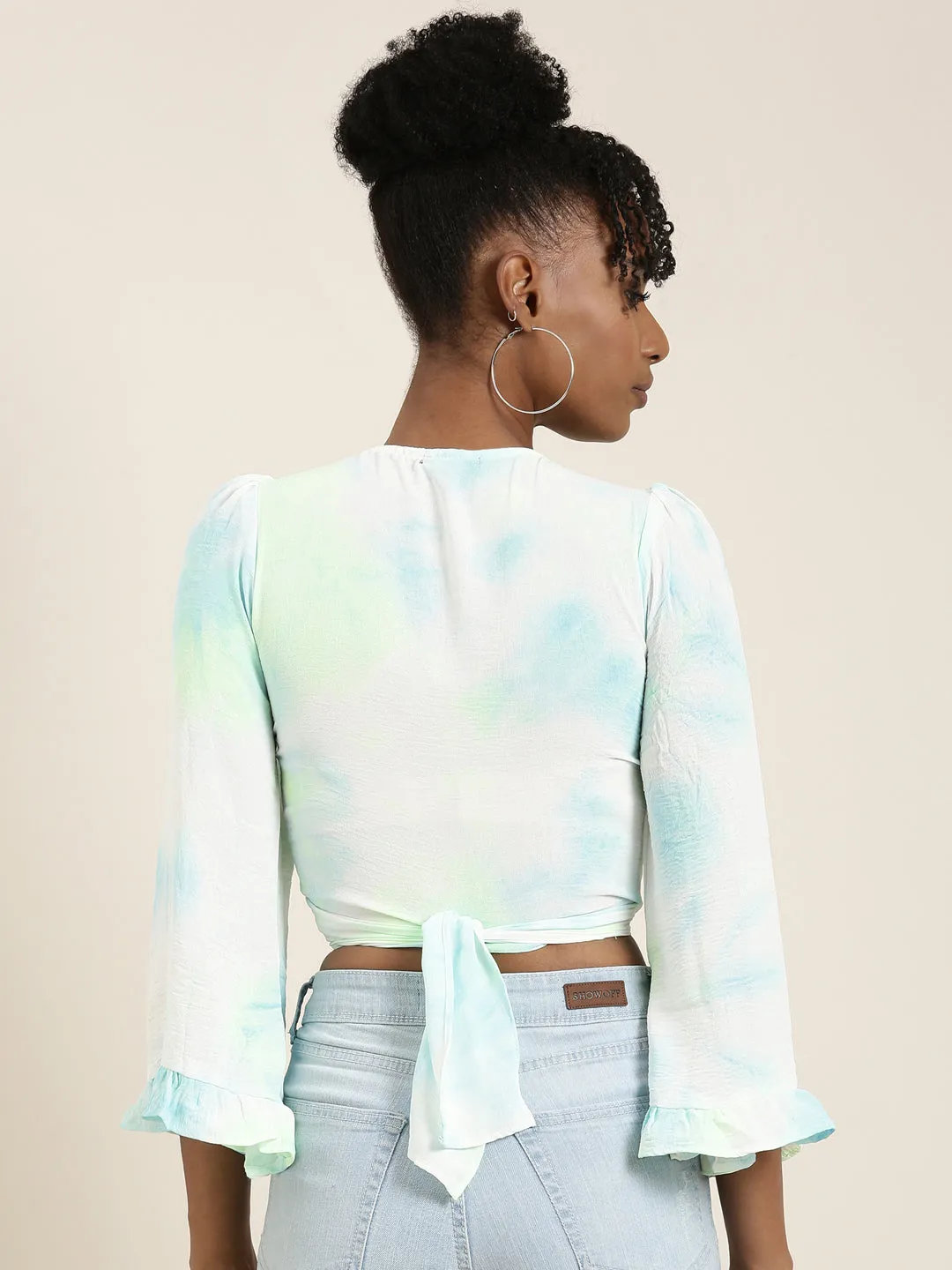 Women's White Tie & Dye Flared Sleeve Wrap Crop Top High-Quality Cotton Anti Static Fabric