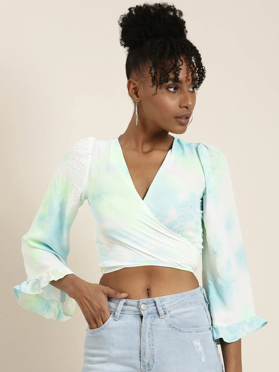 Women's White Tie & Dye Flared Sleeve Wrap Crop Top Low Environmental Impact Trendy Vibes Wear