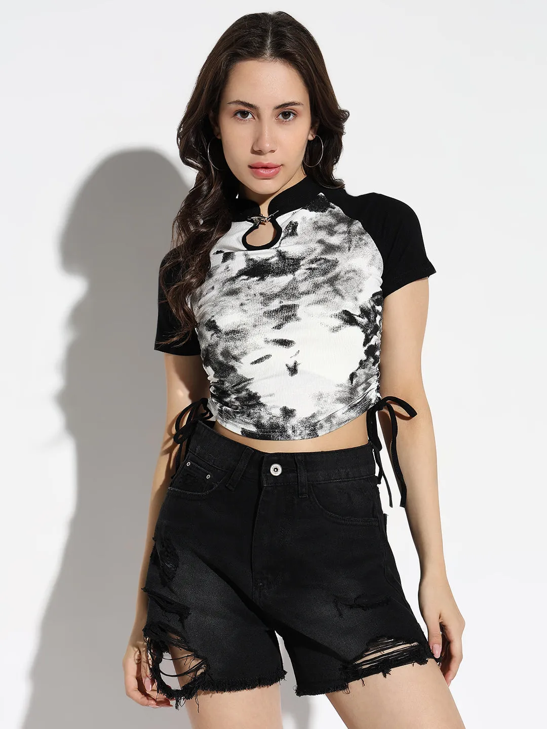 Women's White Tie and Dye Crop Top Playful Design