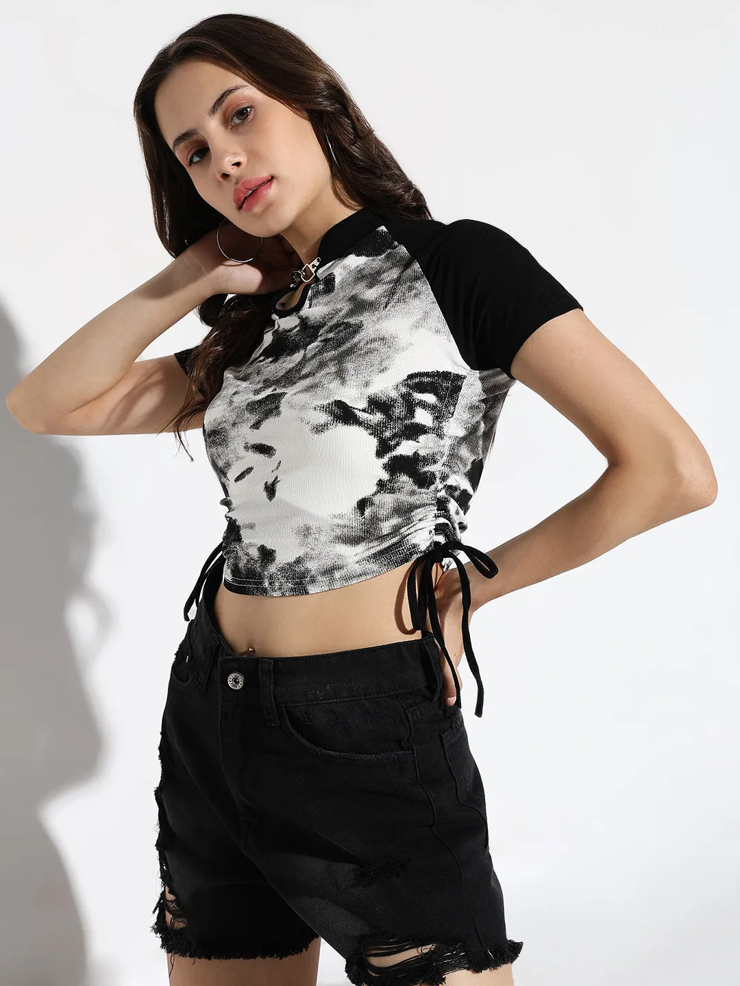 Women's White Tie and Dye Crop Top NoSideSeam Relaxed Vibes