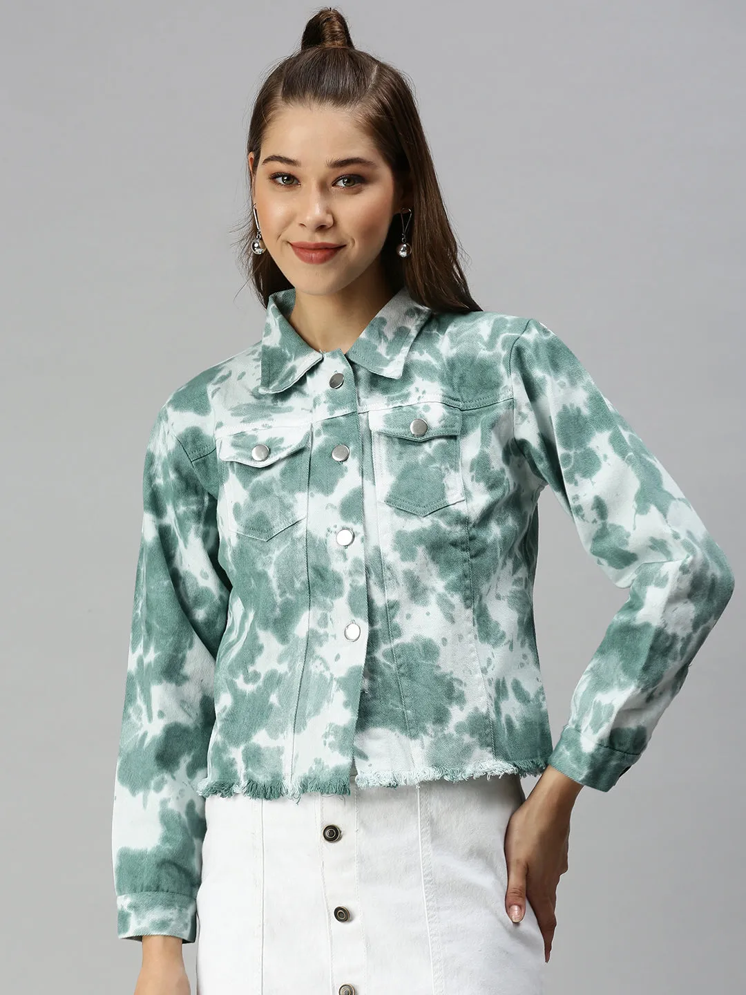 Women's White Tie Dye Denim Jacket Jackets Tailored Cut Style Thermoplastic Elastomer Trim