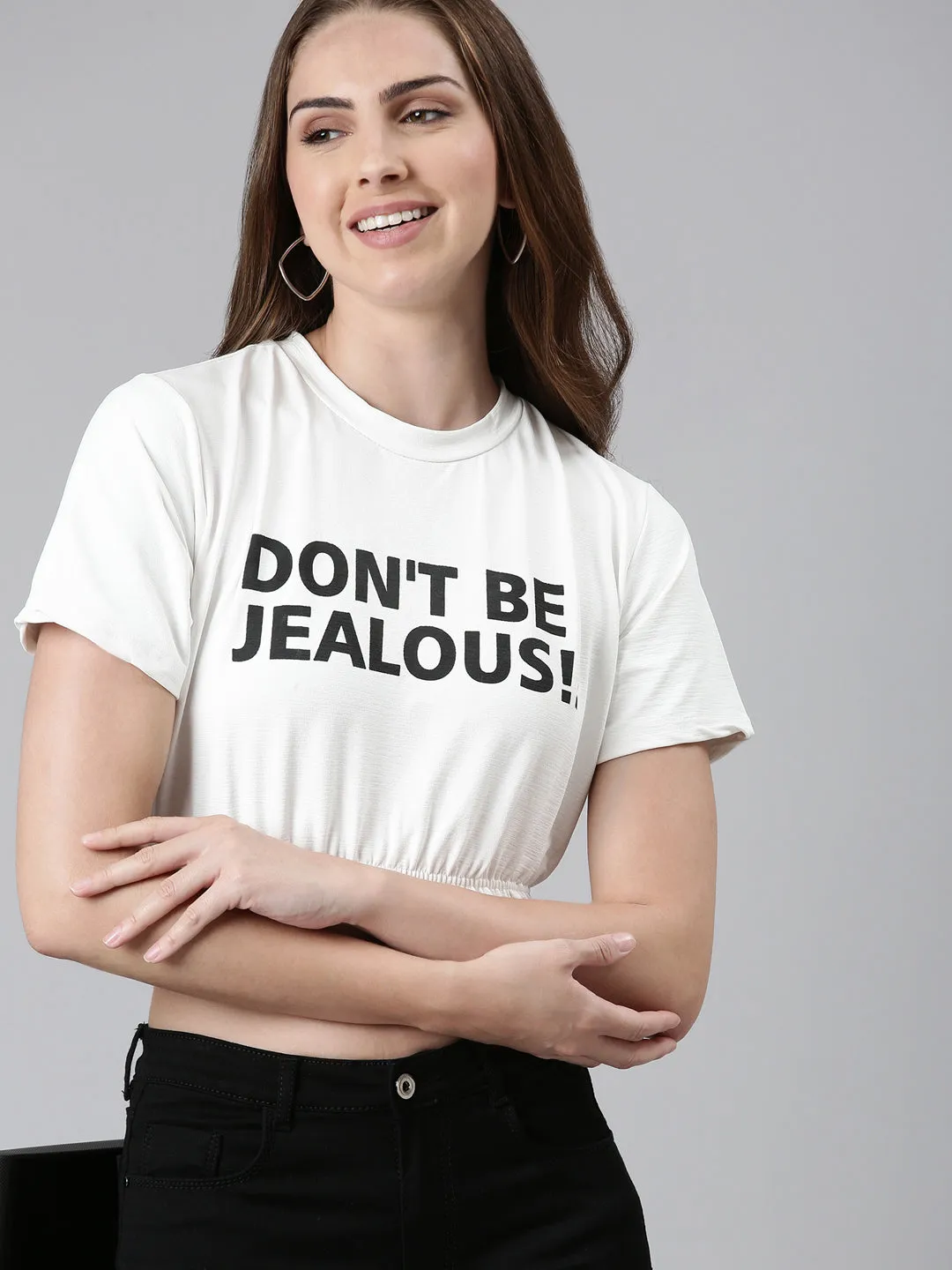 Women's White Typography Printed Cinched Waist Crop Top Performance Fit ThermoregulatingFabric