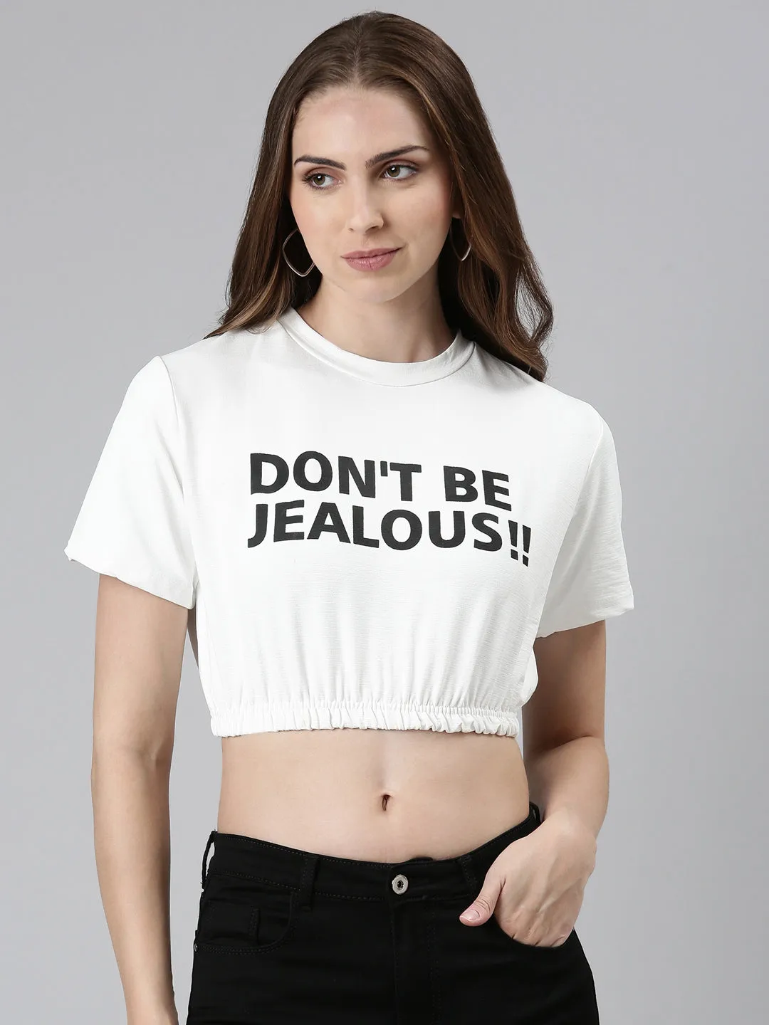 Women's White Typography Printed Cinched Waist Crop Top Soft Touch