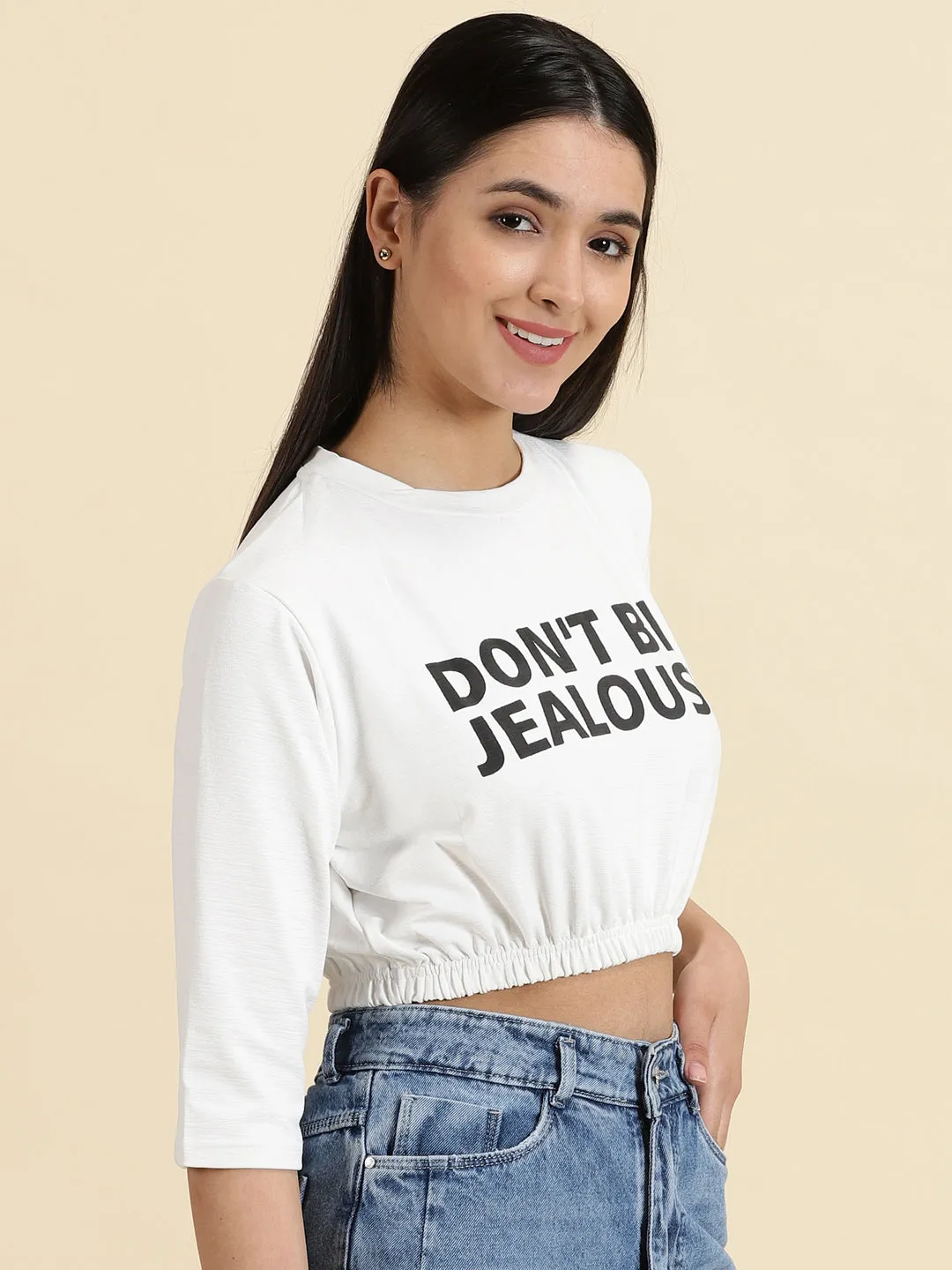 Women's White Typography Printed Cinched Waist Crop Top Fit for Any Season