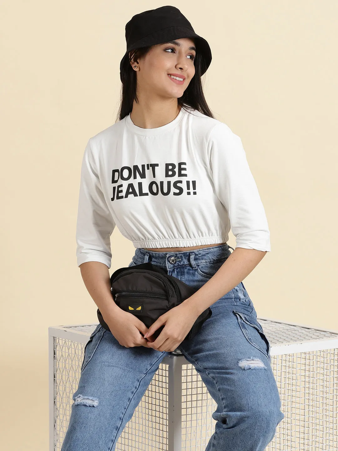 Women's White Typography Printed Cinched Waist Crop Top Set In Sleeve