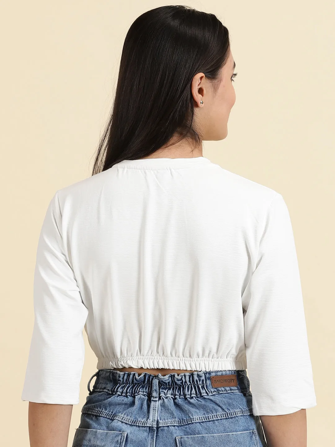 Easy and Relaxed Women's White Typography Printed Cinched Waist Crop Top