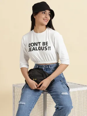 Women's White Typography Printed Cinched Waist Crop Top Set In Sleeve
