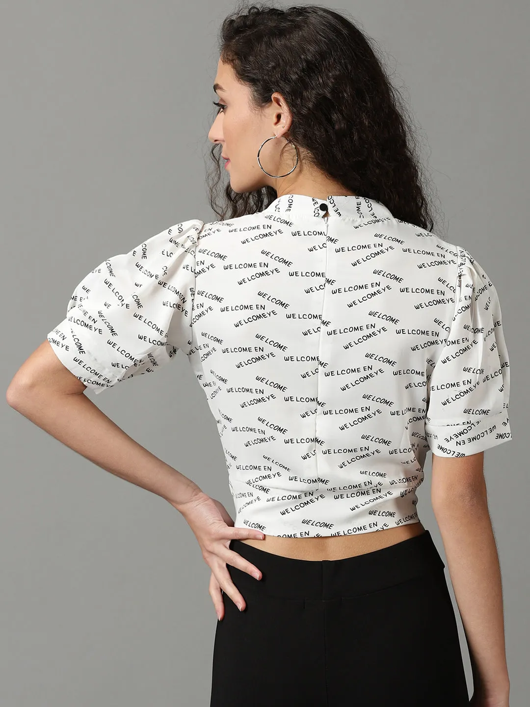 soft look Soft Touch Women's White Typography Printed High Neck Crop Top