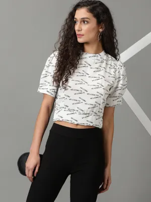 RibbedNeckBanding Casual Vibe Wear Women's White Typography Printed High Neck Crop Top