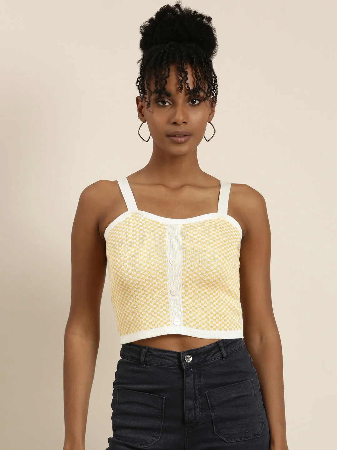 Versatile Trend Women's Yellow Checked Shoulder Straps Crop Top