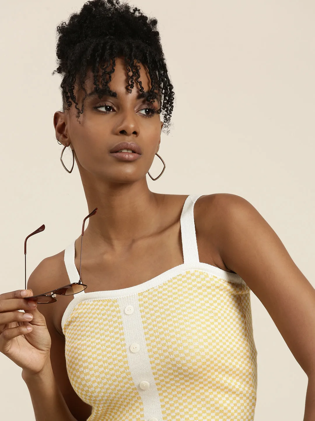 Basic Wardrobe Piece Women's Yellow Checked Shoulder Straps Crop Top