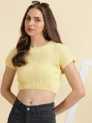 Women's Yellow Round Neck Ribbed Crop Top Casual Fit Cozy Hug