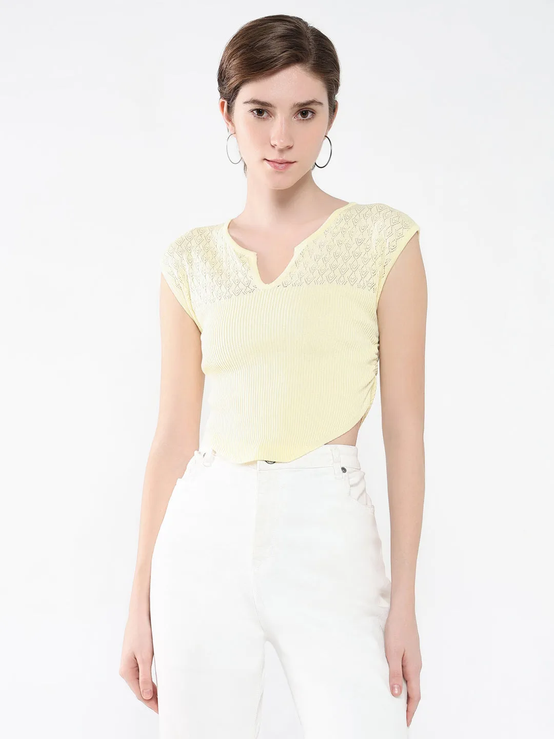 Women's Yellow Self Design Round Neck Acrylic Top Wedding