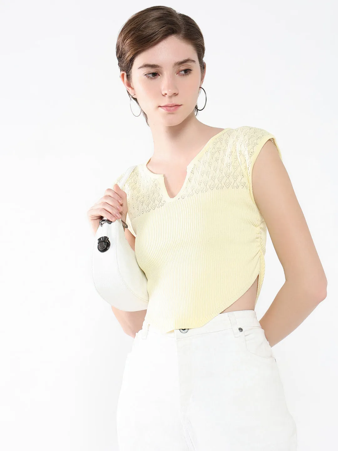 Women's Yellow Self Design Round Neck Acrylic Top Textured Surface Chic Fit