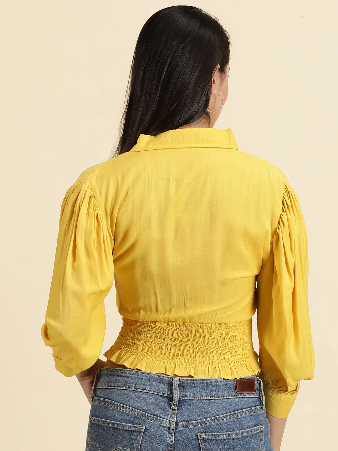 Women's Yellow Spread Collar Cuffed Sleeves Shirt Style Crop Top Classic Outfit Style