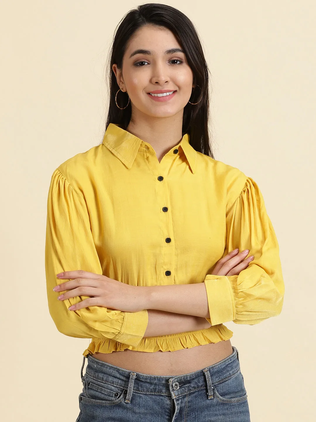 Women's Yellow Spread Collar Cuffed Sleeves Shirt Style Crop Top Cozy Design comfortable option