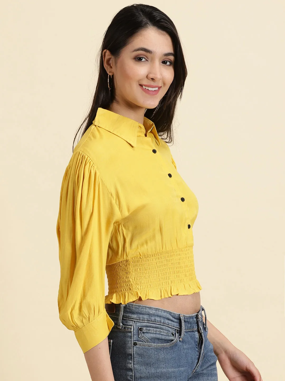 Women's Yellow Spread Collar Cuffed Sleeves Shirt Style Crop Top Scoop neck