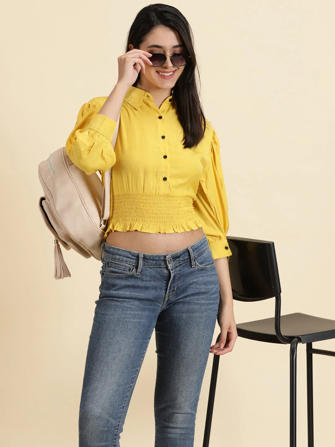 Date night Women's Yellow Spread Collar Cuffed Sleeves Shirt Style Crop Top