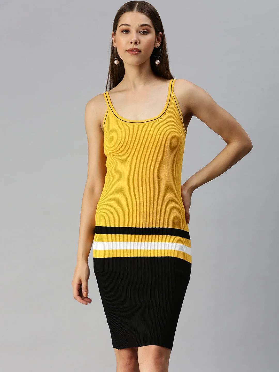 Chic Balance Women's Yellow Striped Bodycon Above Knee Sleeveless Dress