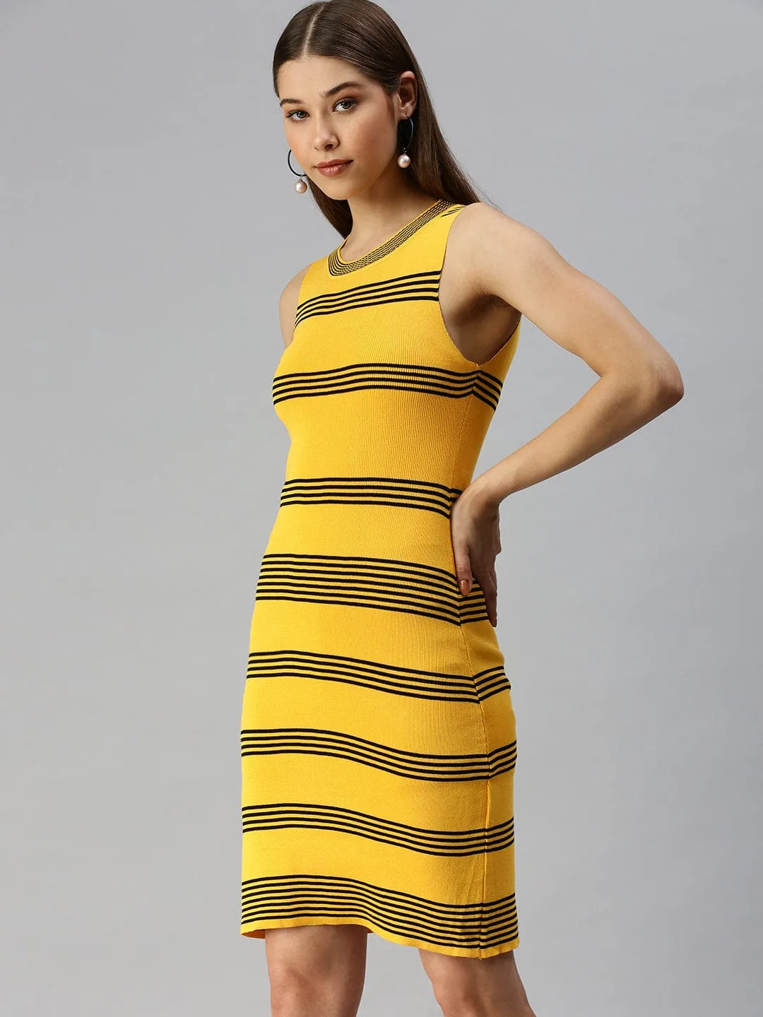 Women's Yellow Striped Bodycon Dress DoubleLayeredMaterial