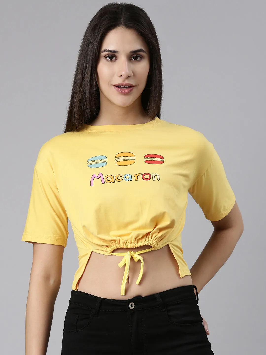 Button Down FlexibleCollarOptions Women's Yellow Typography Printed Cotton Crop Top With waist Tie-Ups