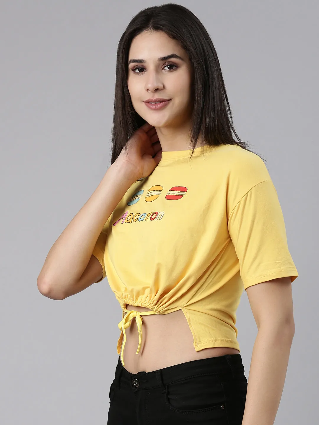 Women's Yellow Typography Printed Cotton Crop Top With waist Tie-Ups Breathable Wearable Easy Fit