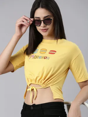 Essential Look Women's Yellow Typography Printed Cotton Crop Top With waist Tie-Ups