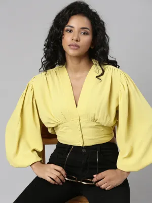 Eco Friendly Fabric Women's Yellow V-Neck Puff Sleeve Blouson Crop Top