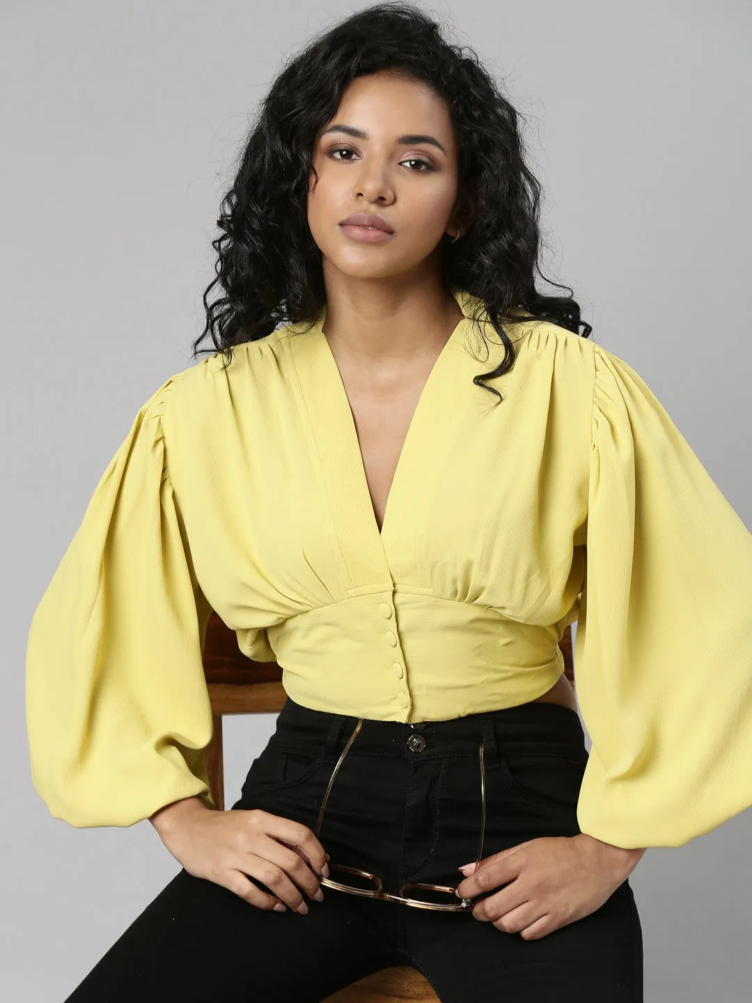 Eco Friendly Fabric Women's Yellow V-Neck Puff Sleeve Blouson Crop Top