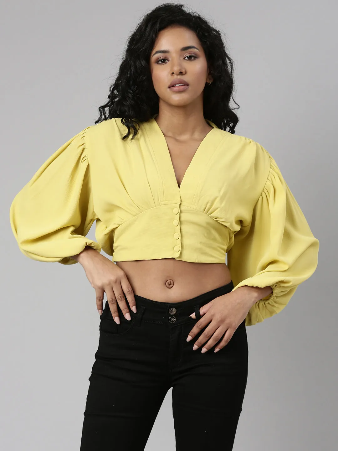 Women's Yellow V-Neck Puff Sleeve Blouson Crop Top Breathable Layer Simple yet stylish
