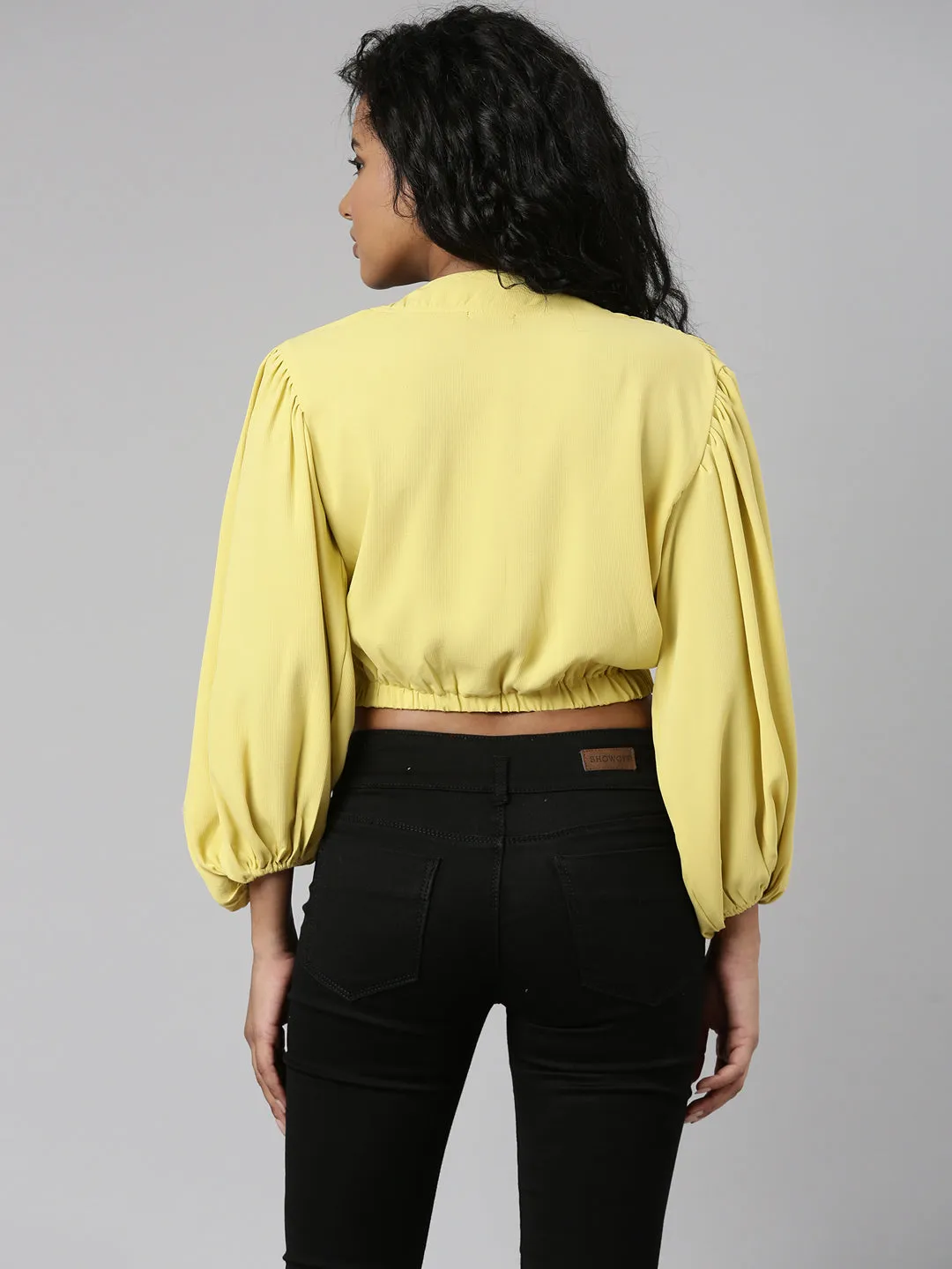 Non Restrictive Fit Beach Wear Women's Yellow V-Neck Puff Sleeve Blouson Crop Top