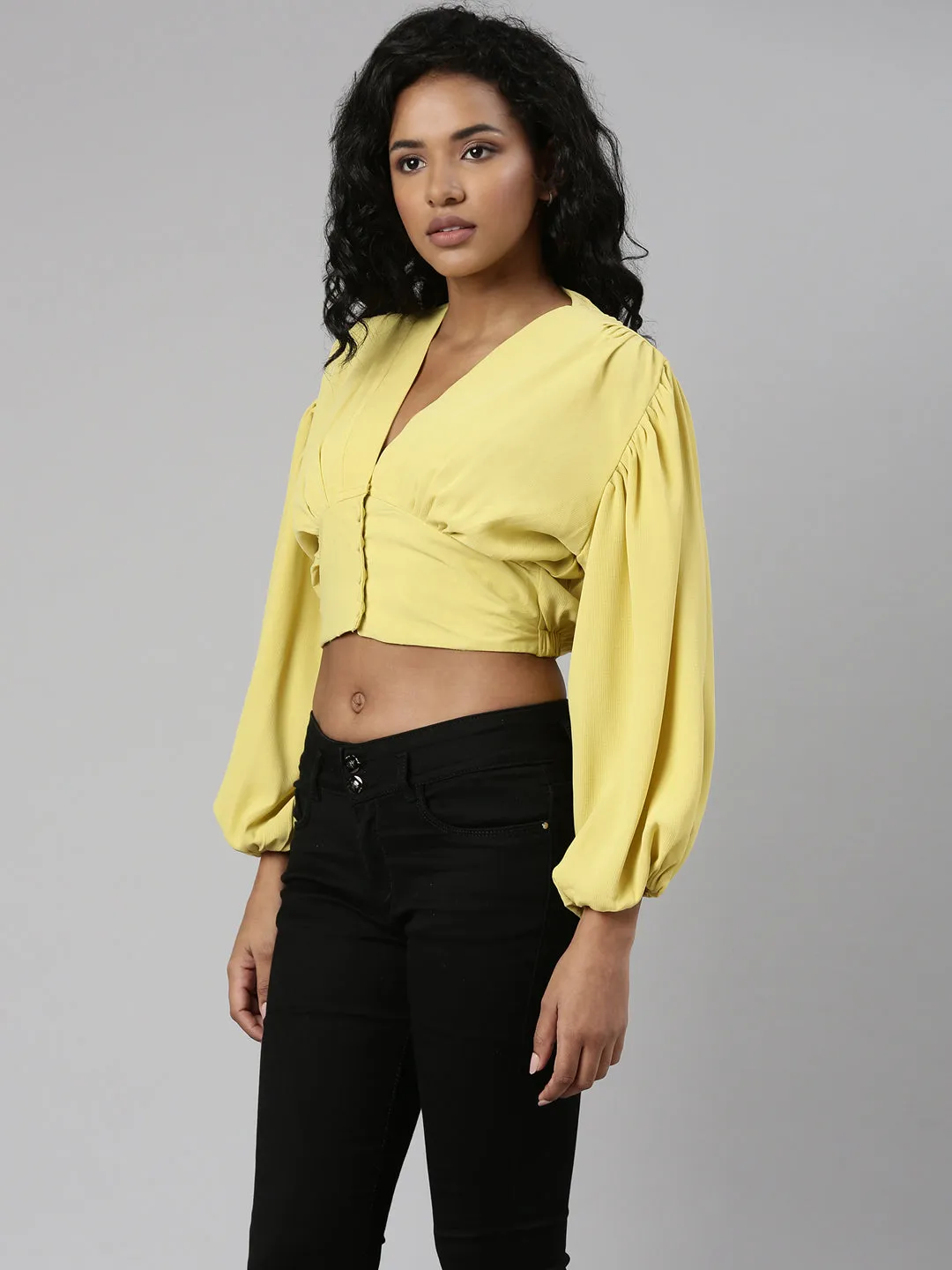 Women's Yellow V-Neck Puff Sleeve Blouson Crop Top Men's masculinity Comfort Wear Fit