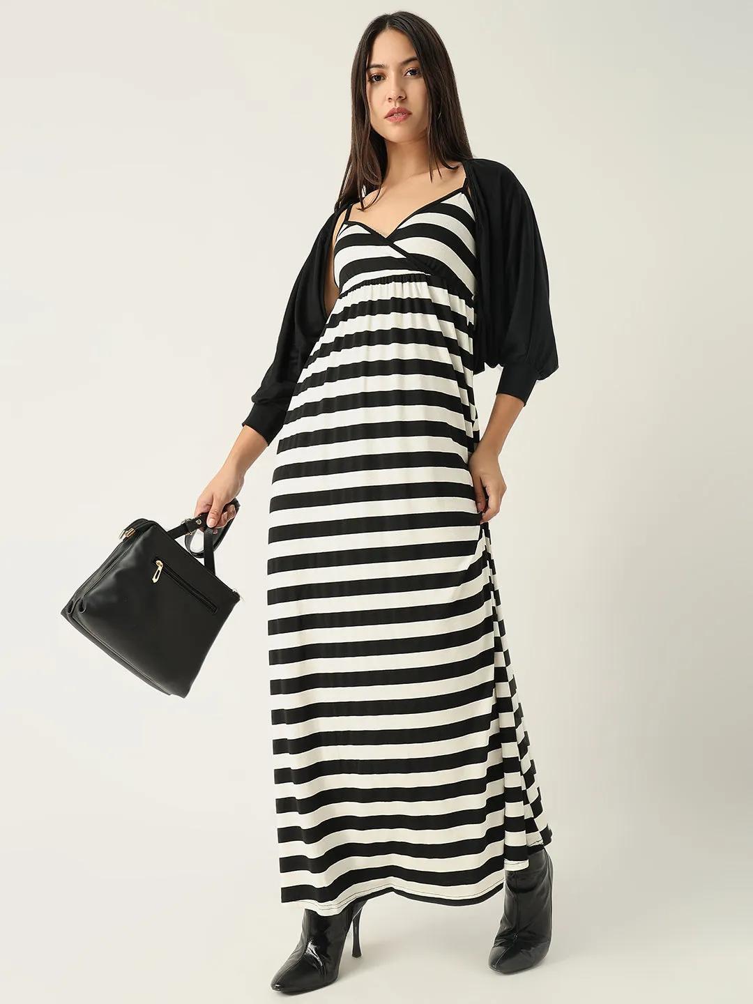Women's Black Striped Monochrome Gathered Details A-Line Maxi Dress With Shrug Smart Fashion