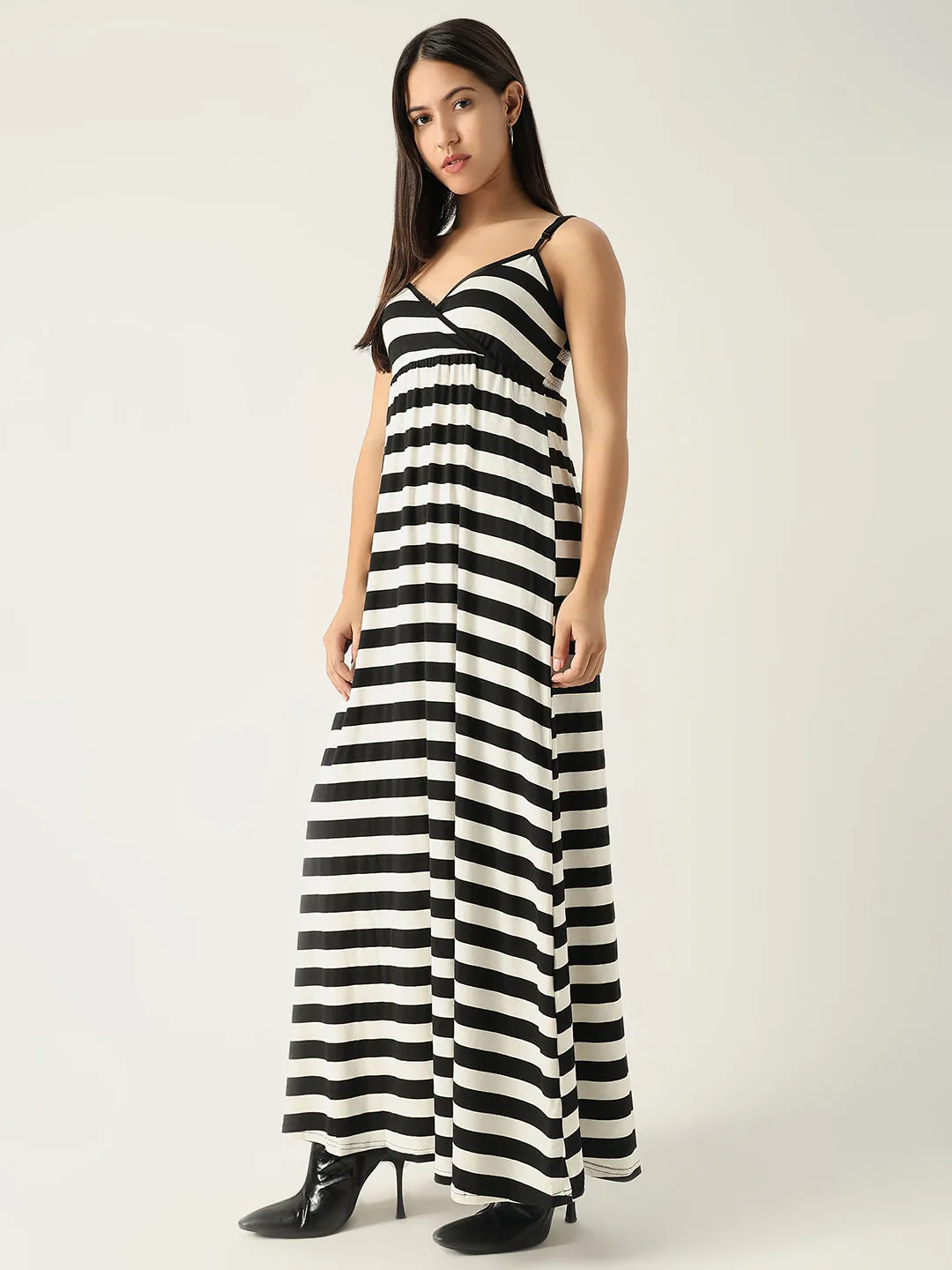 Lightweight Feel Women's Black Striped Monochrome Gathered Details A-Line Maxi Dress With Shrug