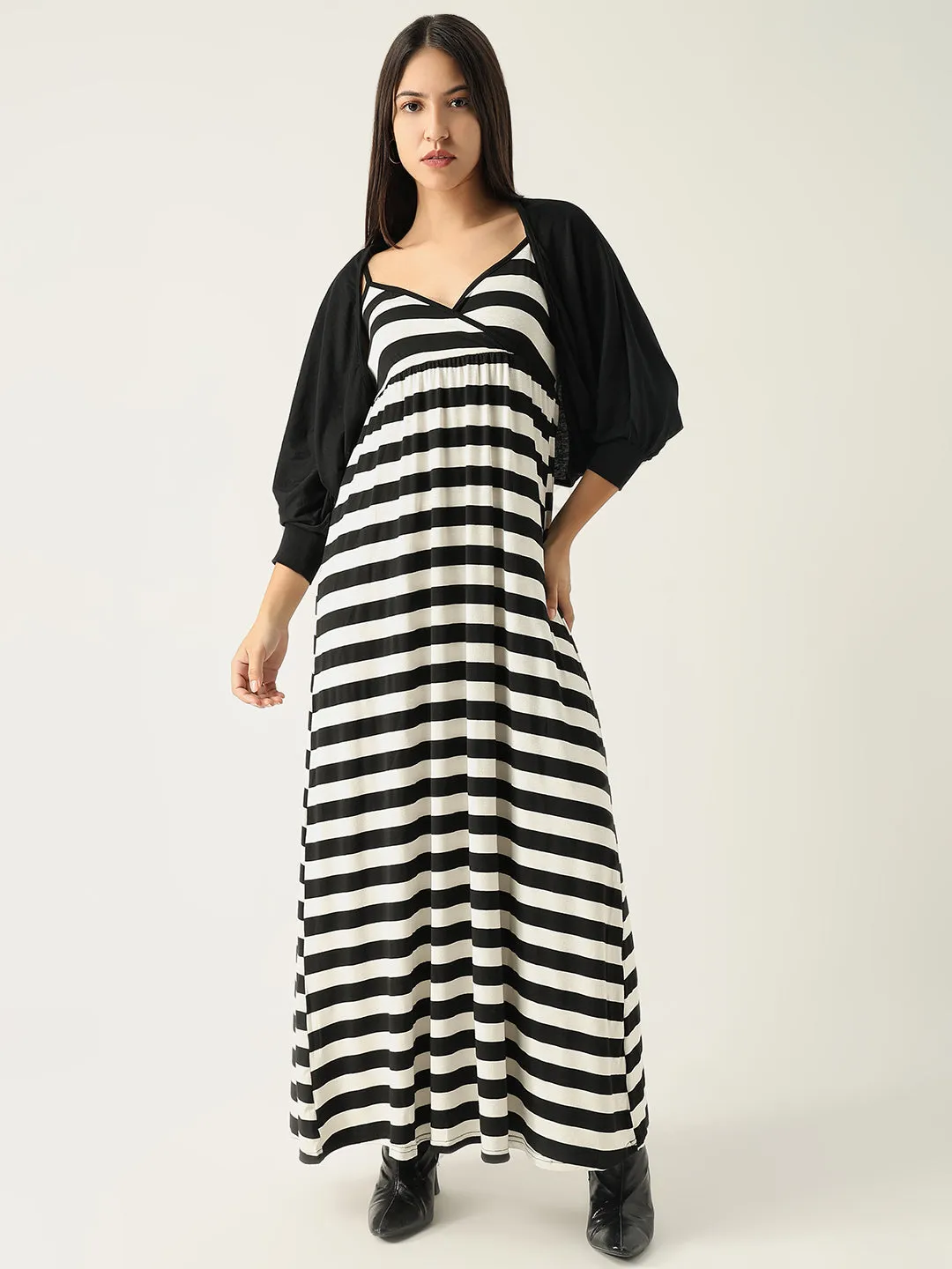 Easy Texture Women's Black Striped Monochrome Gathered Details A-Line Maxi Dress With Shrug